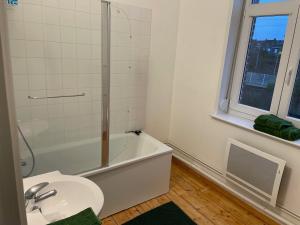 a bathroom with a toilet and a sink and a bath tub at Esprit Gare in Haubourdin +10 photos