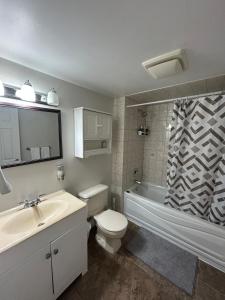 a bathroom with a sink and a toilet and a shower at 2 Bedroom 1 Bathroom Basement Suite in Toronto +7 photos