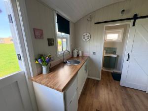 a kitchen with a sink in a tiny house at Whitethorn Shepherds Hut in Bellaghy