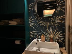 a bathroom with a white sink and a mirror at Le repère d Howardries in Brunehaut