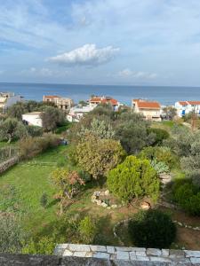 a view of a yard with houses and the ocean at Aiolos in Skala