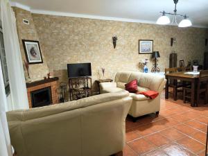 a living room with a couch and a fireplace at Casa D Dinis by NaturAlegre in Alegrete