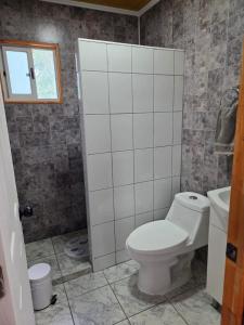 a bathroom with a white toilet and a sink at Cabaña el Encanto in Villarrica +36 photos