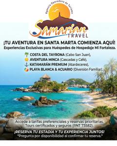 a flyer for a beach resort in santa marta at Hospedaje Mi Fortaleza, Con Piscina, Parqueadero y estamos a 10 Minutos Caminando a Playa Dormida, 5 Minutos del Aeropuerto y a 15 Del Rodadero en Bus in Santa Marta