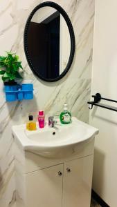 a bathroom with a white sink and a mirror at Las andinas in Carmelo +16 photos