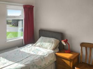 a bedroom with a bed and a lamp on a night stand at Hazeldene in Bishopston