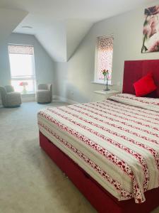 a bedroom with a large bed with a red headboard at Cozy Private Room & Breakfast Dublin 15 in Tyrrelstown