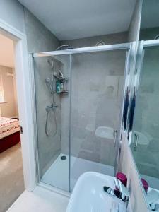 a bathroom with a shower and a sink at Cozy Private Room & Breakfast Dublin 15 in Tyrrelstown