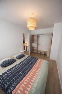 a bedroom with a bed and a chandelier at Superbe 2 pièces proche parc expo in Mulhouse