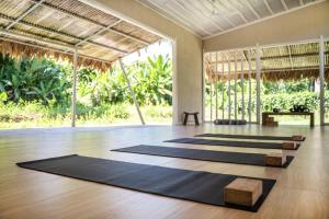 a row of yoga mats in a room at Sonora Jungle & Yoga Retreat in Puerto Viejo