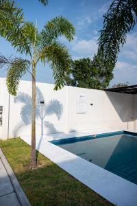 a palm tree and a swimming pool next to a building at Oasis Hotel Jojutla in Vallespin +4 photos