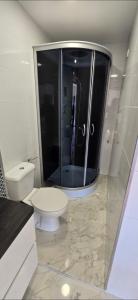 a white bathroom with a toilet and a shower at Blue Studio - Cozinha Privativa - Eficacia Living Abrantes in Abrantes