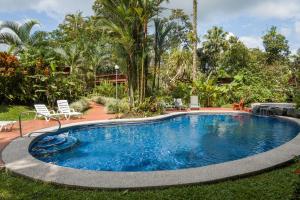 a swimming pool in a yard with chairs and trees at Catarata Eco Lodge in Fortuna