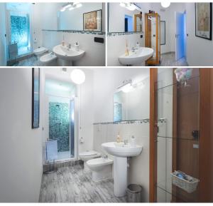 two pictures of a bathroom with two sinks and a toilet at A Casa di Renata in Cosenza