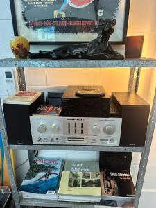 a shelf with books and a cat statue on it at Bellingen Disco Studio in Gleniffer