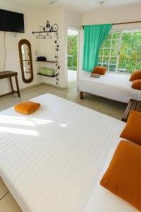 ein Schlafzimmer mit zwei Betten und einem Fernseher und einem Spiegel in der Unterkunft Hotel Henry Bacalar in Bacalar