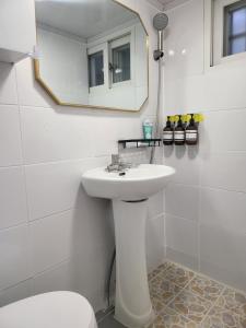 a bathroom with a sink and a mirror and a toilet at dalcom kunkuk in Seoul