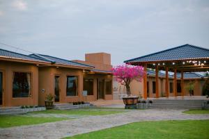 a row of buildings with a tree with pink flowers at Bàu Trắng Garden in Ấp Nhơn Hòa