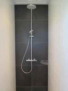een douche met een douchekop in de badkamer bij Klein Zeeduin in Vrouwenpolder