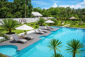 an image of a swimming pool with lounge chairs and umbrellas at Nirvana Hotel Resort Tetebatu in Tetebatu