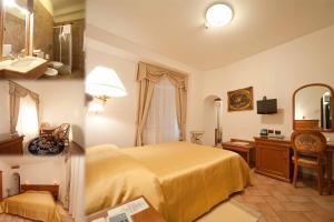 een slaapkamer met een bed, een wastafel en een spiegel bij Hotel Castello di Septe in Mozzagrogna