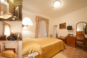 a bedroom with a bed and a sink and a mirror at Hotel Castello di Septe in Mozzagrogna