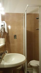 a bathroom with a shower and a sink and a toilet at Hotel Due Fontane in Casalpusterlengo