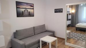 a living room with a couch and a table at Przestronny Apartament typu Studio, GARAŻ W CENIE in Wrocław
