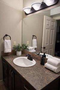 a bathroom with a sink and a large mirror at Summit View Alpine Retreat in Radium Hot Springs +16 photos