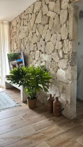 a stone wall with two potted plants in a room at The Beach Garden Apt. in Caesarea