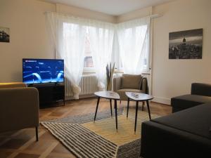 Zurich Furnished Apartments في زيورخ: غرفة معيشة مع أريكة وتلفزيون