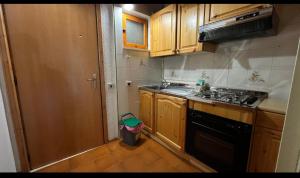 a small kitchen with wooden cabinets and a trash can at Agrifoglio in Torre Caprara +7 photos