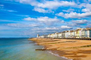 a view of a beach with buildings and the ocean at Hastings House 9-Bedroom Holiday House in Hastings