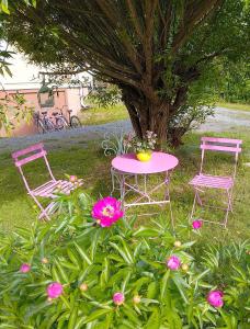 two chairs and a table with a table and pink flowers at Villa Alice room 2 in Tampere +2 photos