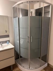 a glass shower in a bathroom with a sink at L'escapade in Bourg-en-Bresse