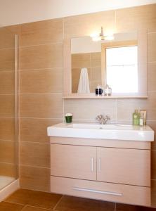 a bathroom with a sink and a mirror at Villa Asteri in Vlachopoulátika