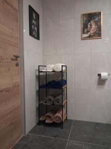 a bathroom with a shelf with towels and a door at Apartment Andreja Bled in Bled +57 photos