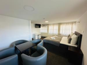 a bedroom with a bed and a couch at Botel Gracia in Bratislava