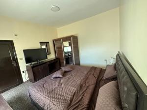 a bedroom with a bed and a flat screen tv at Sultan Palace Apartments in Wadi Musa