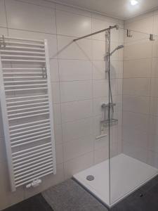 a shower with a glass door in a bathroom at Ferienwohnung am Dörenberg in Georgsmarienhütte