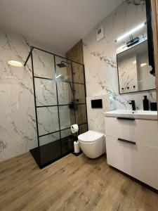 a bathroom with a shower and a toilet and a sink at Apartament w centrum 5A in Iława +5 photos