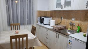 a kitchen with a sink and a table with a microwave at Miris Dunava 2 in Golubac