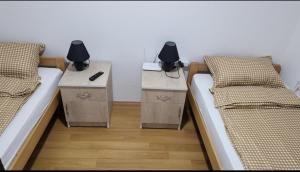 two beds in a room with two nightstands with lamps at Miris Dunava 2 in Golubac