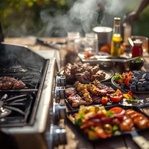 a grill with meat and vegetables on a table at Forest House Premium Breaza in Breaza de Sus