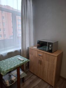 a microwave sitting on top of a wooden cabinet with a window at Dārza Studija in Limbaži