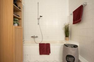 a bathroom with a tub and a shower with red towels at Schnuckenstube Souterrain im Grünen in Schneverdingen
