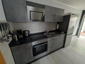 a kitchen with a sink and stainless steel appliances at Ferienwohnung Tanja in Winterberg +4 photos