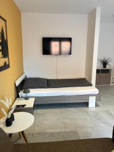 a large bed in a living room with a couch at Quartier 8 - Ein-Zimmer-Apartment in Geisenfeld