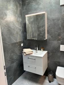 a bathroom with a white sink and a mirror at Quartier 8 - Ein-Zimmer-Apartment in Geisenfeld