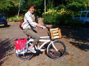 a woman is riding a bike with a basket at B&B Vloedlijn Texel in Den Burg